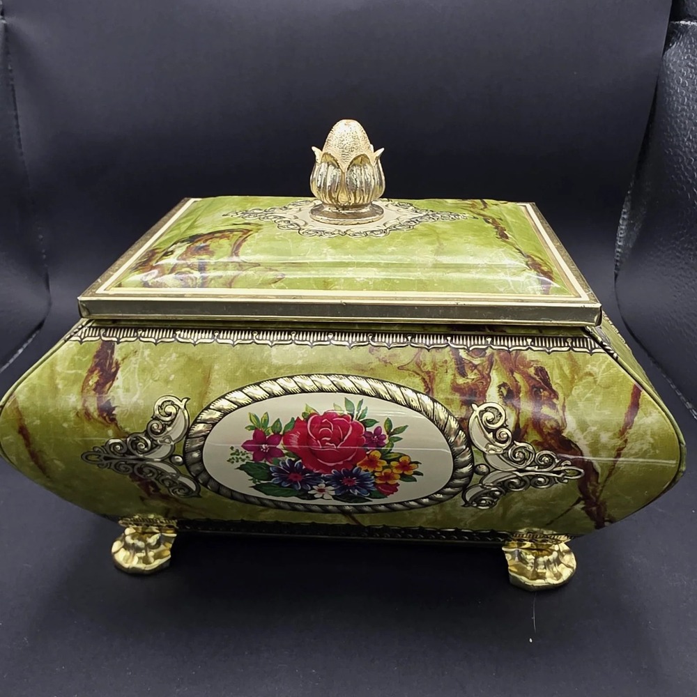 Green Floral Footed Metal Tin Box Acorn Finial Lid